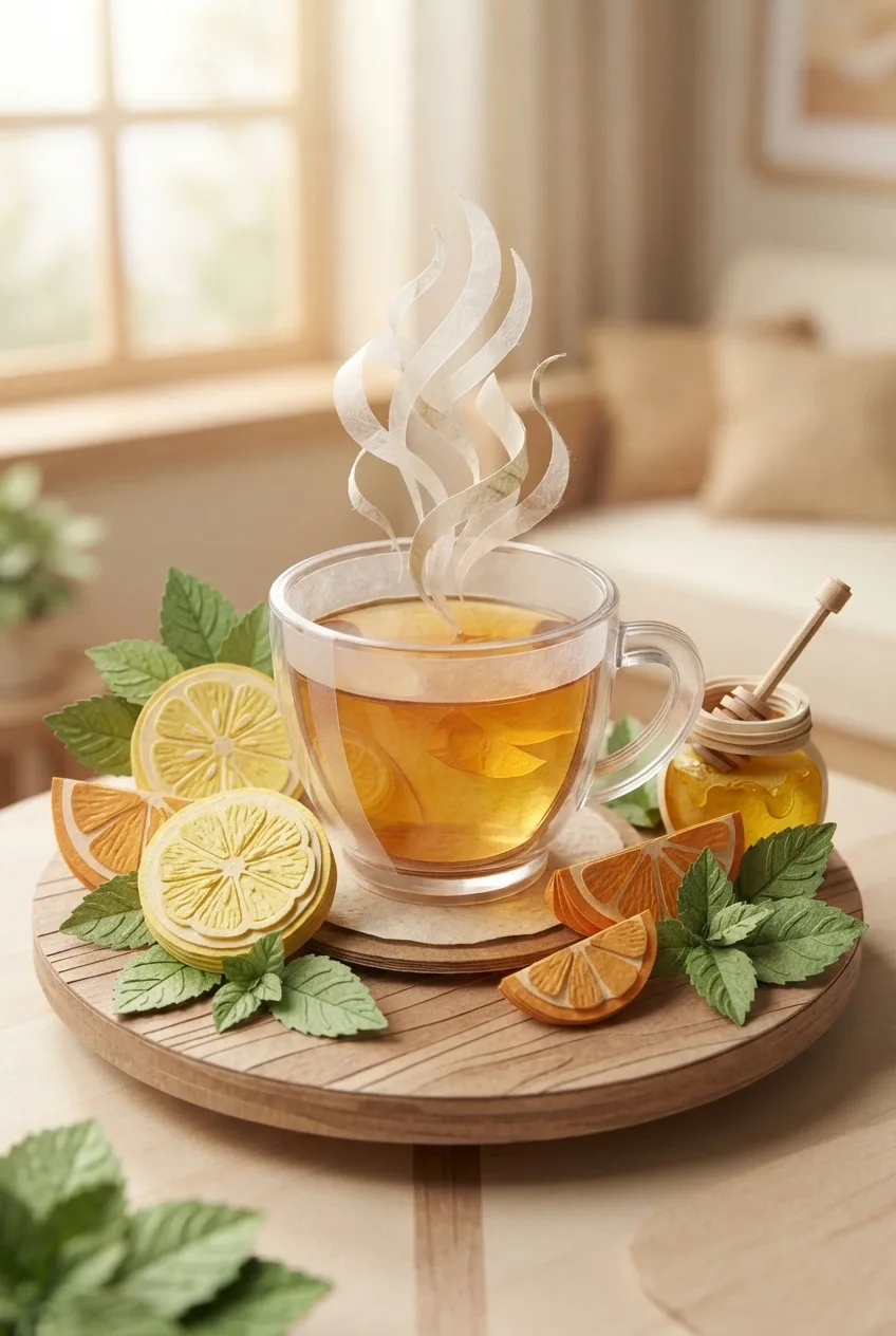 Paper-cut mixed-media still life of warm citrus tea with lemon, orange, honey, mint leaves, and layered papercraft steam.