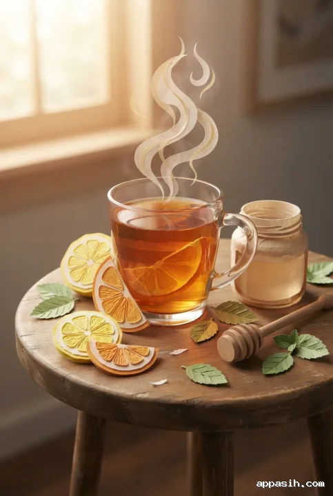 Detailed paper-cut mixed-media scene of warm citrus tea with layered lemon and orange slices, honey jar, mint leaves, and translucent handcrafted steam.