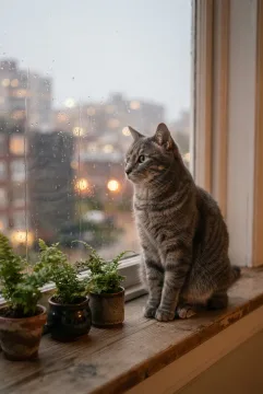 Gray tabby cat sitting beside small indoor ferns on a rainy apartment window ledge in photorealistic 3D.