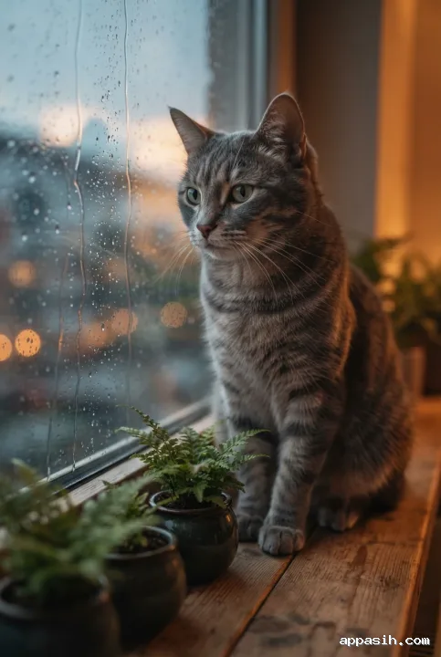 Closer photorealistic 3D portrait of a gray tabby cat beside three small ferns on the same rain-covered apartment window ledge.