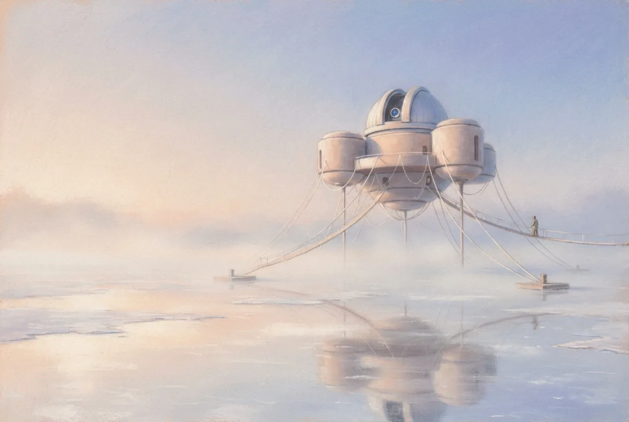 Pastel painting of a floating astronomical observatory above misty reflective salt flats at dawn, with suspended walkways and a small maintenance figure.