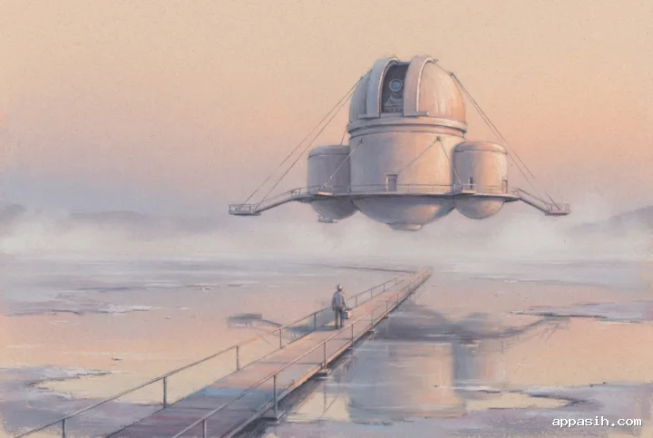 Pastel painting of the same floating astronomical observatory above misty salt flats from a closer three-quarter view, with a maintenance figure walking along a suspended walkway at dawn.