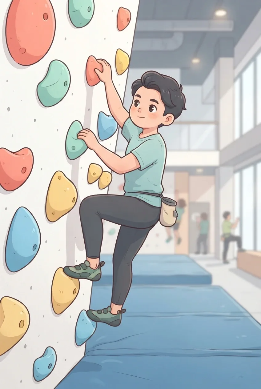 Kawaii cartoon indoor climber reaching for a colorful bouldering hold on a pastel climbing wall inside a bright gym.