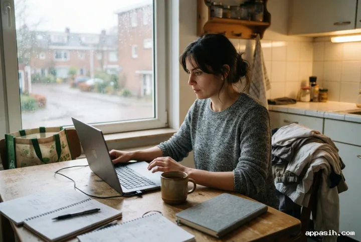 Remote worker viewed from a wider three-quarter angle at the same rainy kitchen table with an unbranded laptop, notes, mug, laundry, and household items in a natural photorealistic editorial scene.