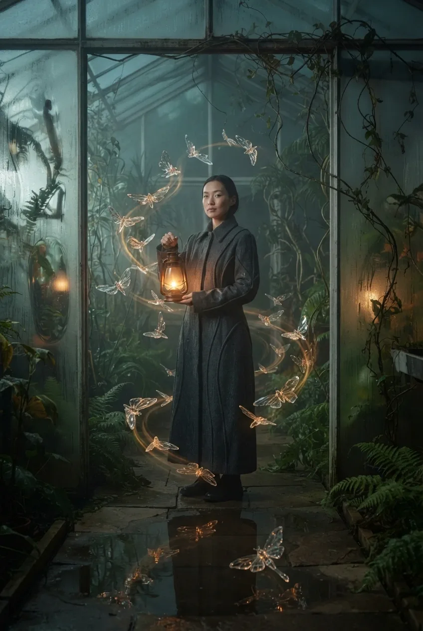 Surreal lantern keeper holding a glowing amber lantern in a rainy greenhouse while translucent glass moths float among wet plants and reflective puddles.