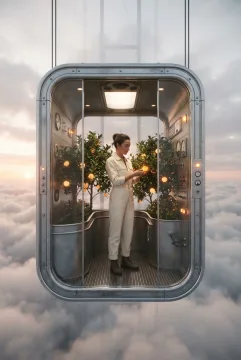 A retro-futurist botanist tending glowing citrus trees inside a glass elevator floating through a luminous cloud garden.