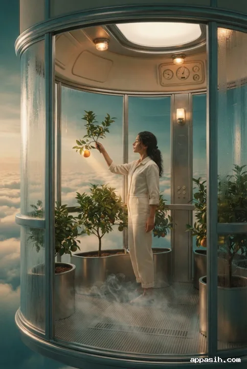 A retro-futurist botanist lifting a citrus branch inside a chrome-framed glass elevator garden suspended above glowing clouds.