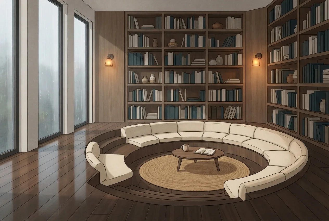 2D illustration of a rainlit sunken reading lounge with curved bookshelves, cream seating, a round rug, warm wall lamps, and tall windows.