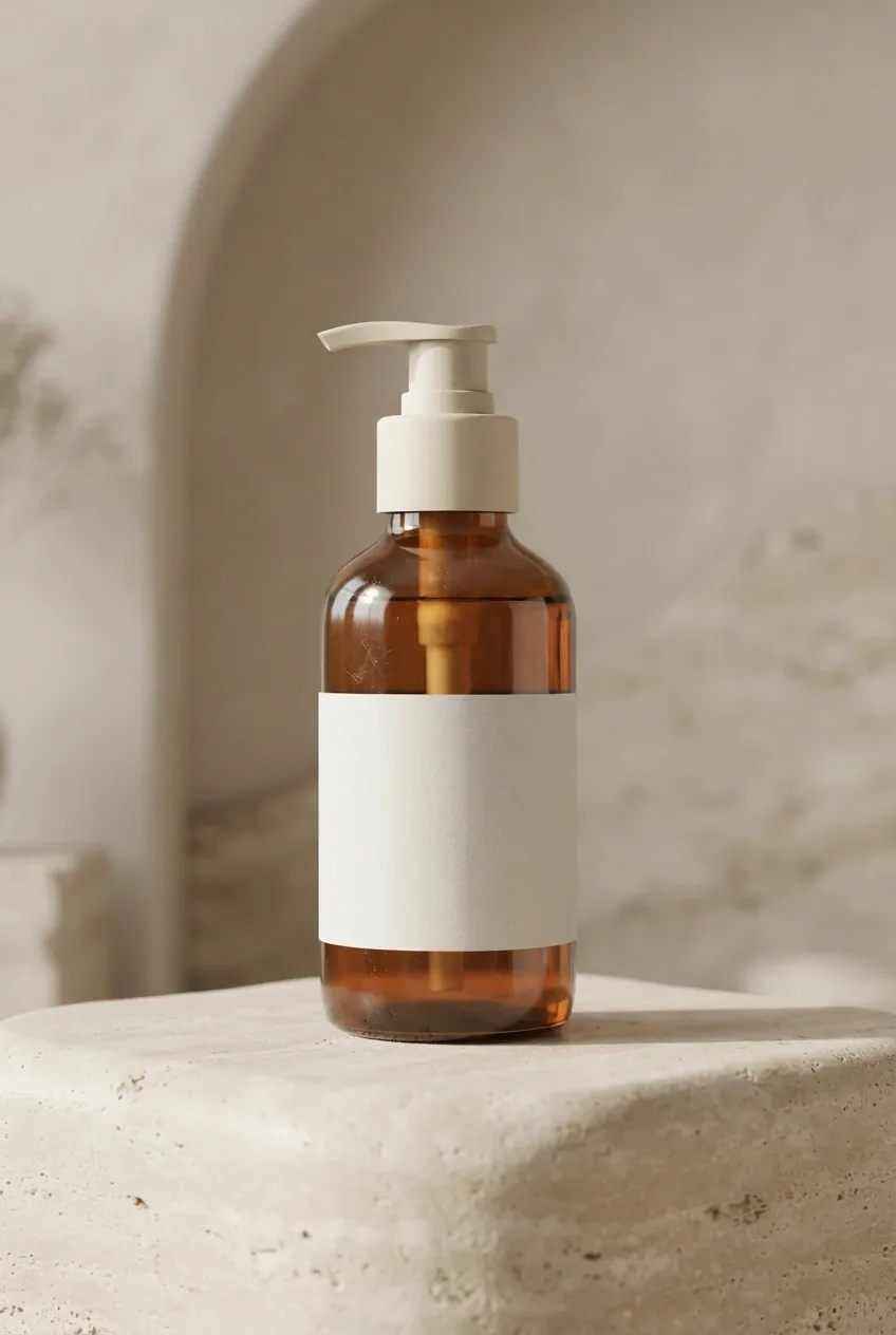 Unbranded amber glass skincare pump bottle standing on a beige travertine pedestal in a warm photorealistic 3D studio.