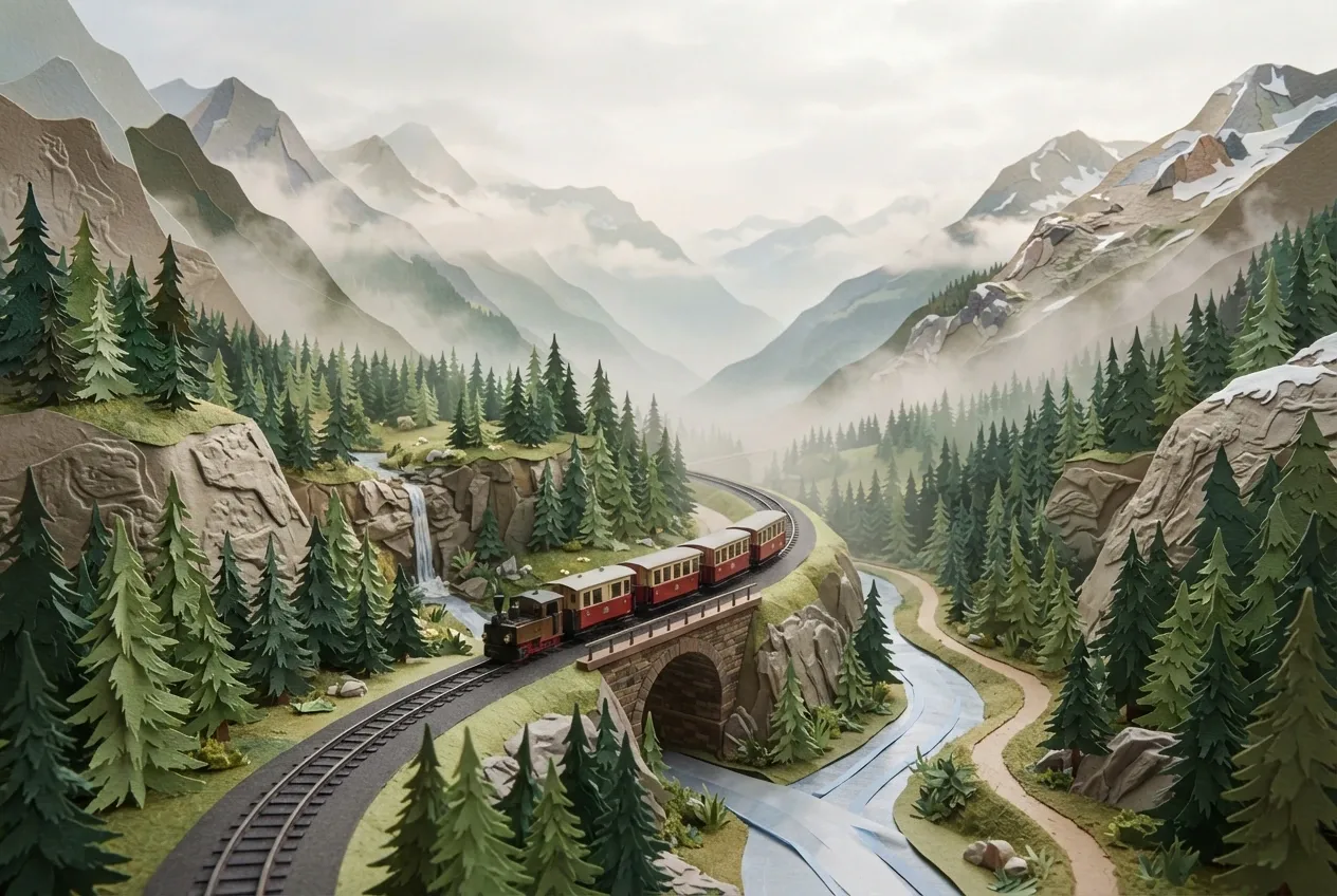 Papercraft mountain train crossing a misty alpine valley with layered pine forests, waterfall, river, and stone railway bridge.