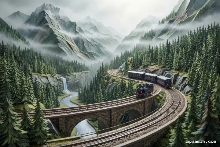 Elevated papercraft view of a mountain train approaching a stone bridge in a misty alpine valley with layered pine forests, river, and waterfall.