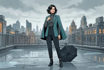 Woman wearing a teal tailored cape and wide-leg trousers on a rainy city rooftop in a comic book cartoon style.