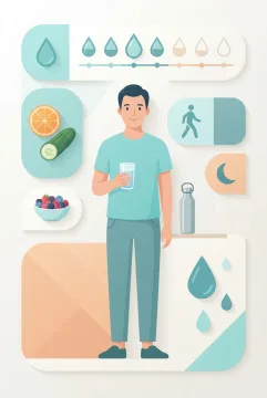 Portrait hydration wellness infographic illustration with a person holding water, surrounded by fruit, water drops, walking, and rest symbols.
