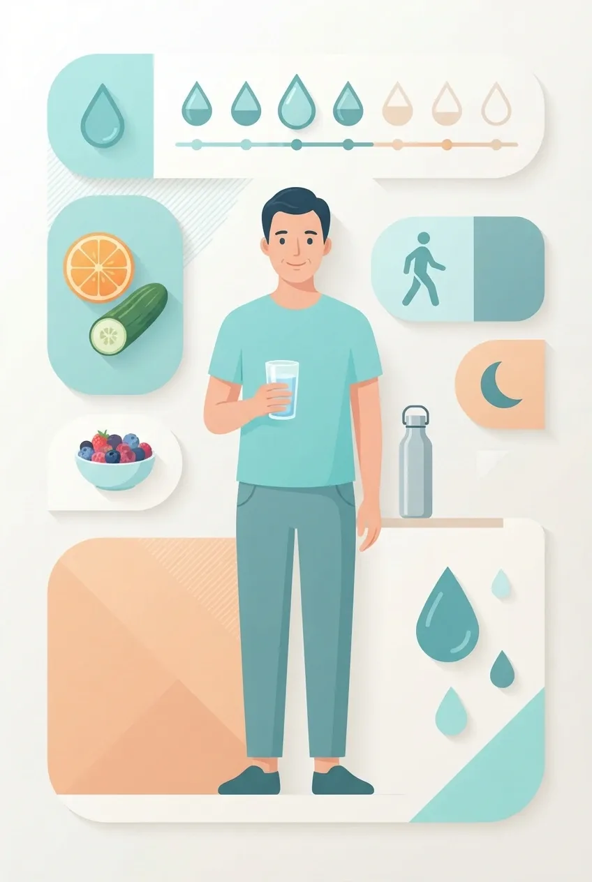 Portrait hydration wellness infographic illustration with a person holding water, surrounded by fruit, water drops, walking, and rest symbols.
