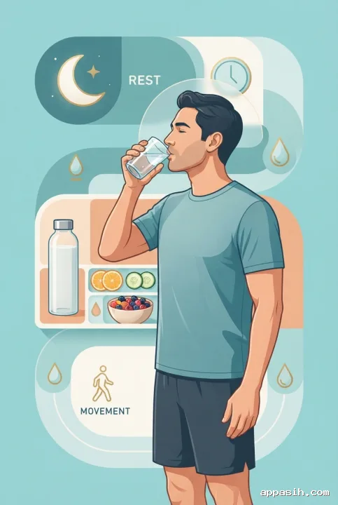 Close portrait hydration wellness infographic illustration of a person sipping water with fruit, water drops, movement, and rest symbols arranged around them.