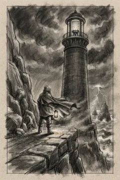 Charcoal drawing of a storm beacon keeper standing beside a monumental cliffside signal tower under dark clouds and distant lightning.