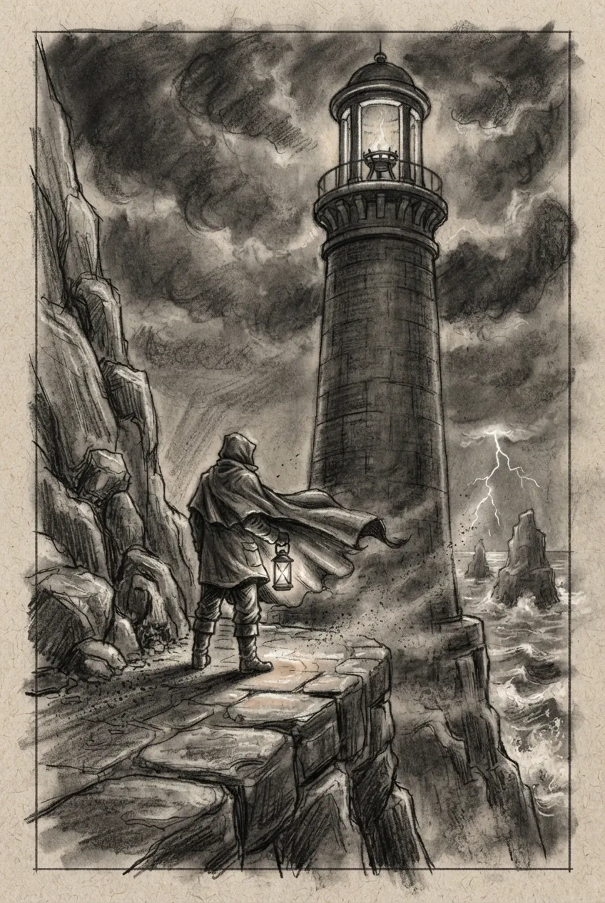 Charcoal drawing of a storm beacon keeper standing beside a monumental cliffside signal tower under dark clouds and distant lightning.