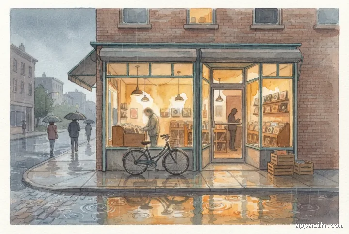 Detailed watercolor painting of the same rainy 1970s record shop viewed from a closer corner angle, with vinyl shelves, a vintage bicycle, browsing customers, warm amber windows, and rippling pavement reflections.