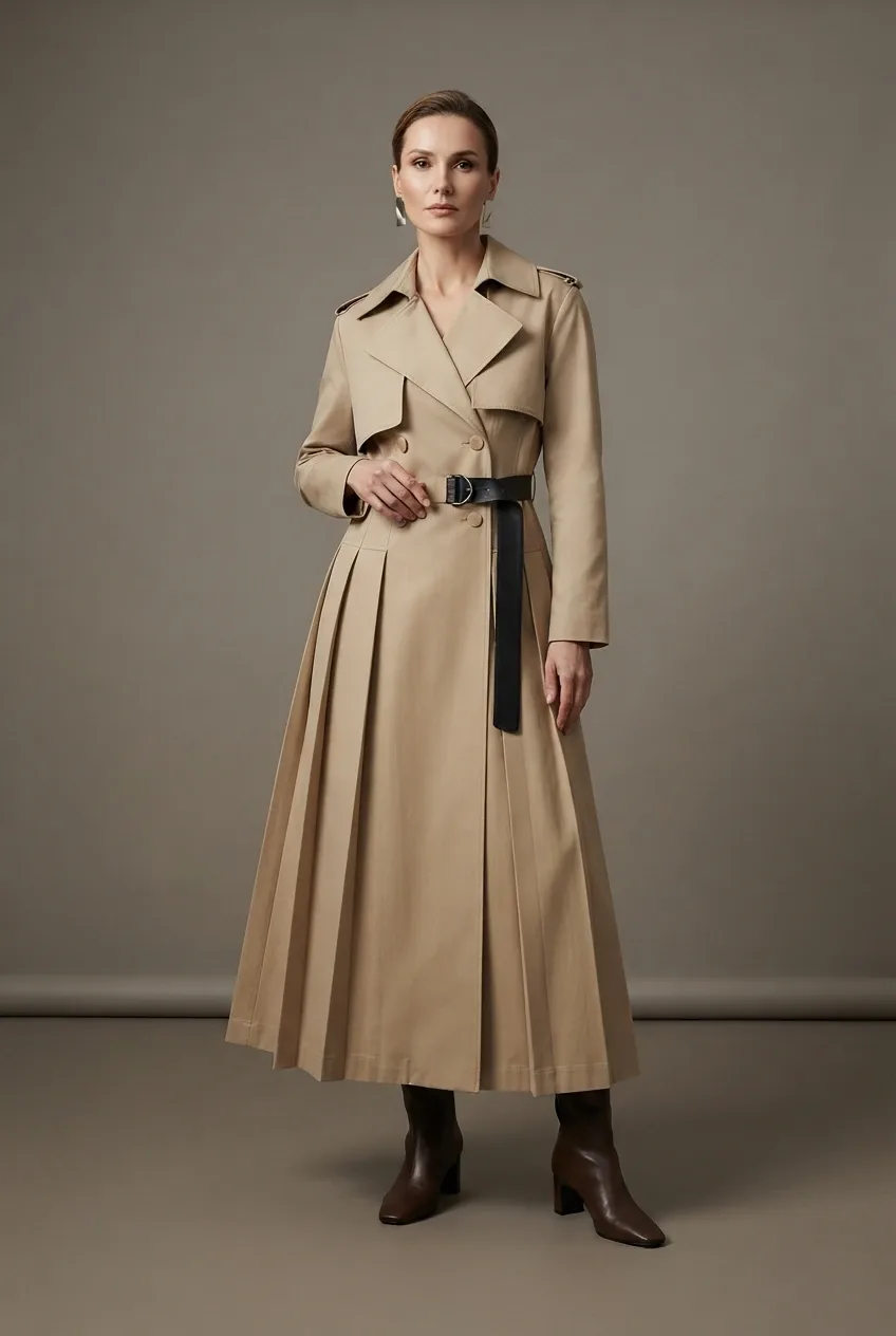 Adult fashion model wearing a sculptural sand-beige pleated trench dress in a warm gray photography studio.