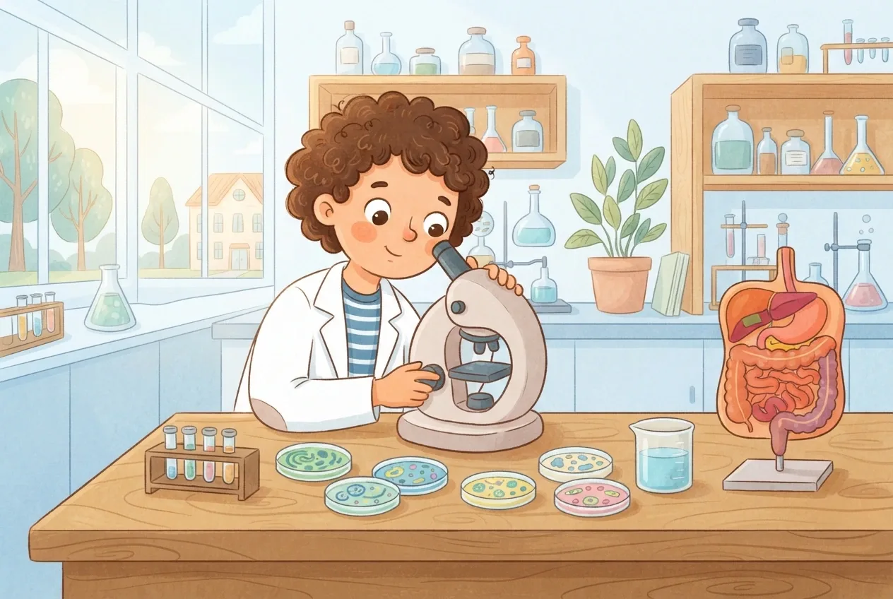 Children's book illustration of a young scientist examining human microbiome samples with a microscope in a bright teaching laboratory.