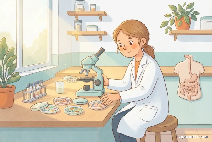 Children's book illustration showing a young scientist studying colorful human microbiome samples beside a microscope and digestive-system model in a bright teaching laboratory.