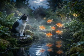 Black-and-white cat watching luminous goldfish floating above a misty moonlit garden pond in a surreal rainy night scene.