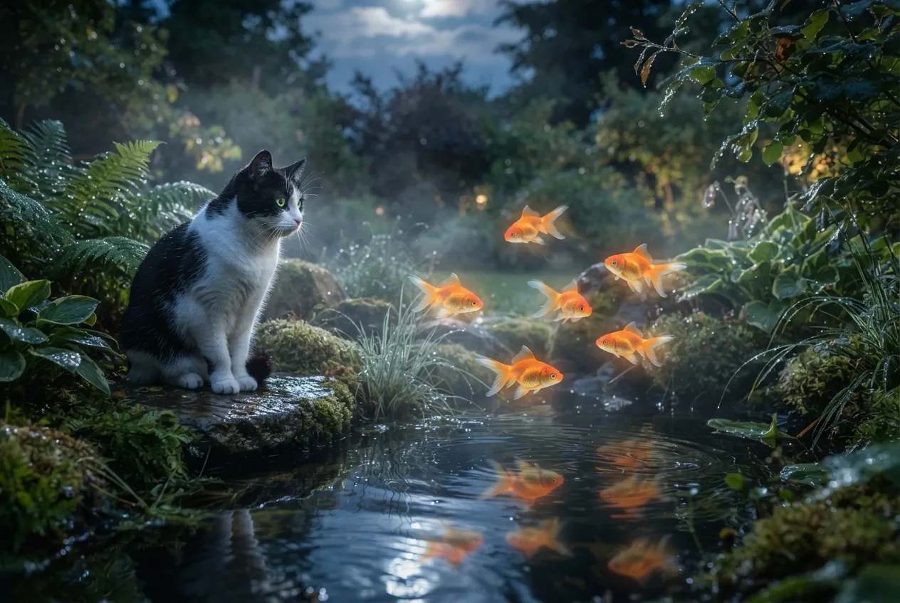 Black-and-white cat watching luminous goldfish floating above a misty moonlit garden pond in a surreal rainy night scene.