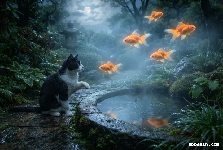 Black-and-white cat raising one paw toward luminous floating goldfish above the same misty moonlit garden pond, surrounded by wet foliage and reflections.