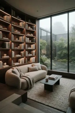 Cinematic sunken reading lounge with curved sofa, walnut bookshelves, stone coffee table, and rain-streaked windows facing a misty courtyard.