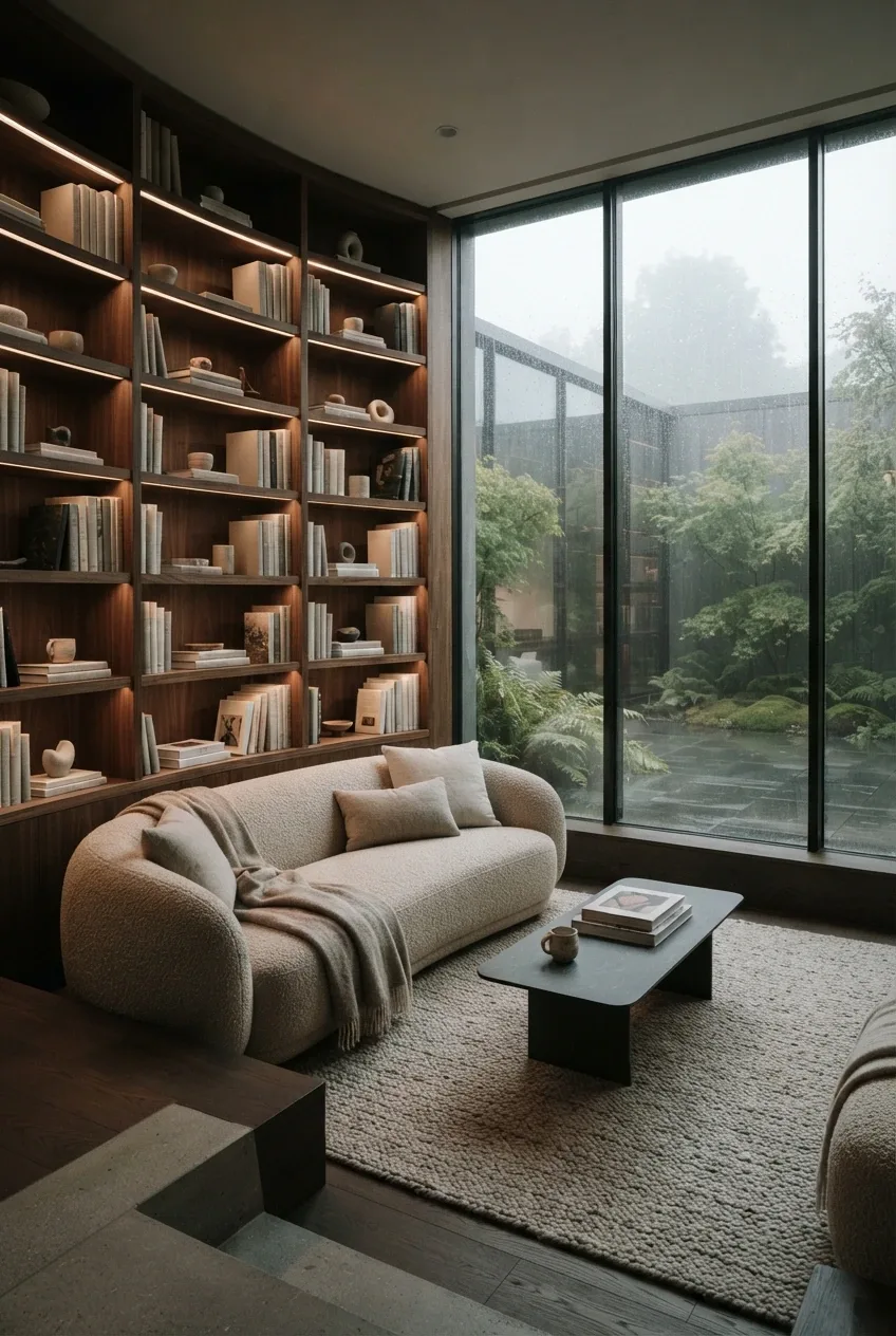 Cinematic sunken reading lounge with curved sofa, walnut bookshelves, stone coffee table, and rain-streaked windows facing a misty courtyard.