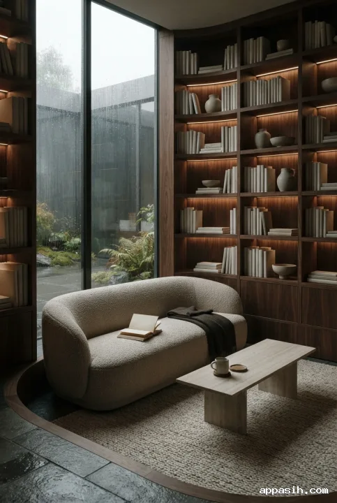 Closer cinematic view of the same sunken reading lounge with curved sofa, walnut shelving, stone table, warm shelf lighting, and rain-covered courtyard windows.