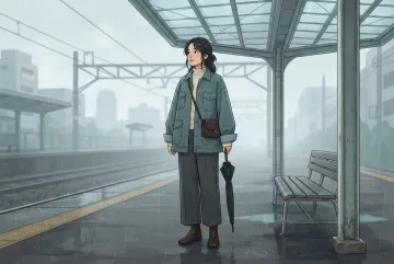 Anime-inspired cartoon scene of a commuter in a teal oversized utility jacket and charcoal wide-leg trousers standing on a rainy urban railway platform.