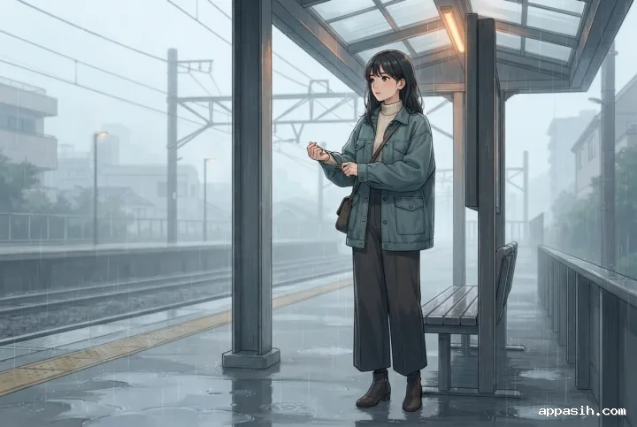 Anime-inspired cartoon fashion scene showing a commuter adjusting the cuff of a teal oversized utility jacket on a misty rain-soaked railway platform.