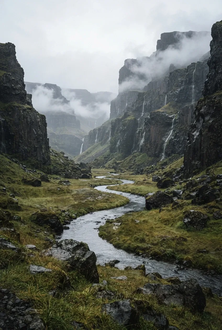 Portrait fine art landscape of a misty basalt valley with a winding silver river, wet grasses, dark volcanic cliffs, and low morning cloud.