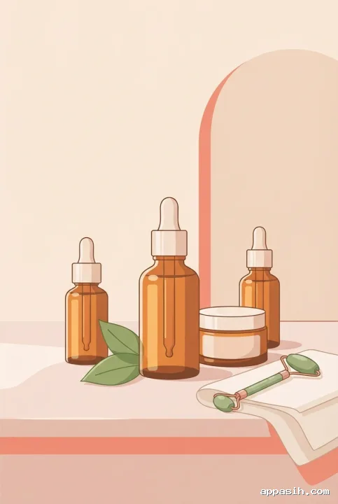 Closer flat illustration of the same botanical facial serum bottles, cream jar, green leaves, facial roller, and folded cloth on a softly lit blush vanity.