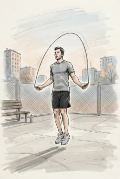 Hand-drawn doodle illustration of a jump rope athlete exercising on an urban outdoor court at dawn.