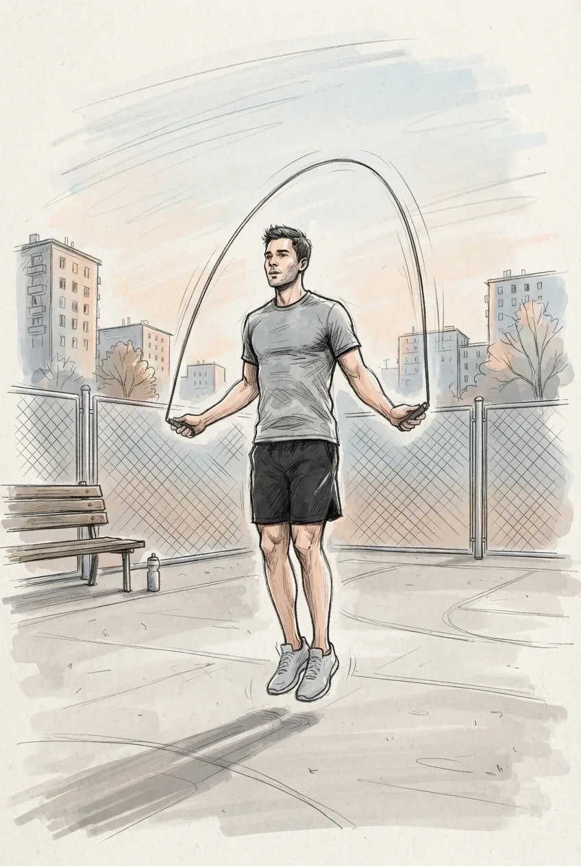 Hand-drawn doodle illustration of a jump rope athlete exercising on an urban outdoor court at dawn.