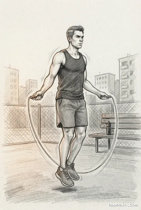 Closer hand-drawn doodle view of a jump rope athlete training on the same urban outdoor court at dawn.