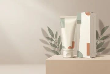 2D illustration of an unbranded botanical hand cream tube and matching folding carton on a warm neutral display plinth with soft leaf shadows.