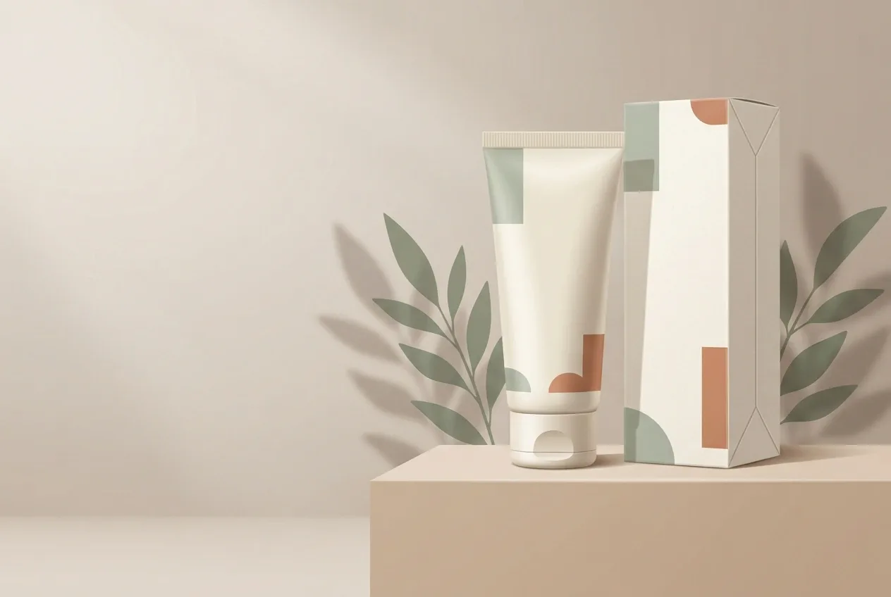 2D illustration of an unbranded botanical hand cream tube and matching folding carton on a warm neutral display plinth with soft leaf shadows.