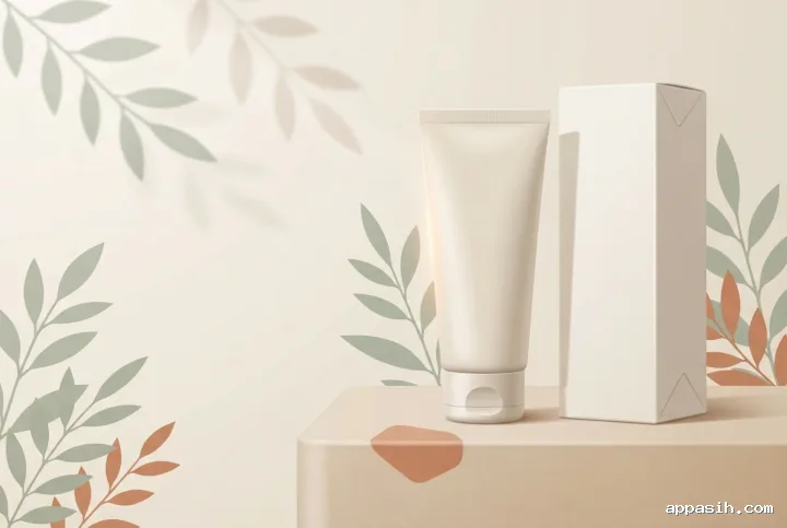 Closer 2D illustration view of the same unbranded botanical hand cream tube and folding carton on a warm beige plinth with layered leaves and soft directional shadows.
