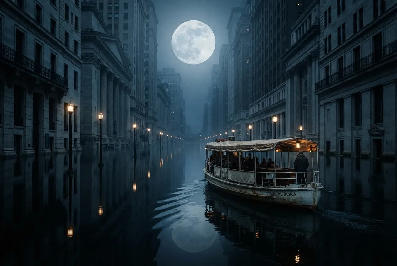 Surreal passenger ferry crossing a mirror-glass flooded city at night beneath a huge suspended moon and rows of half-submerged streetlights.