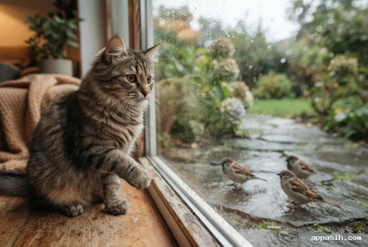 Close cinematic view of a fluffy tabby cat watching three garden sparrows through a rain-streaked window in a quiet home.