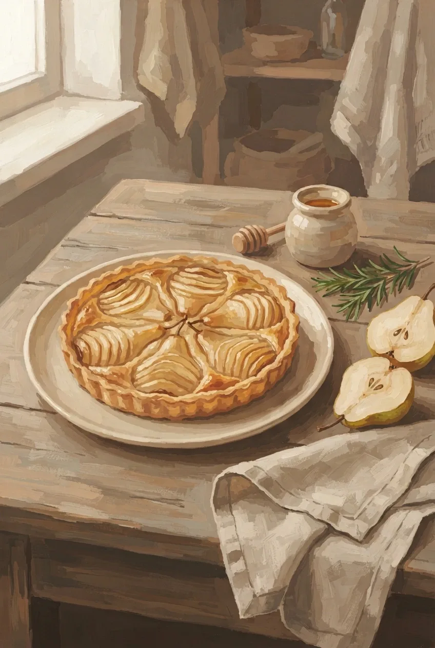 Gouache painting of a rustic pear tart with rosemary, sliced pears, honey, and ceramic tableware on a wooden kitchen table.