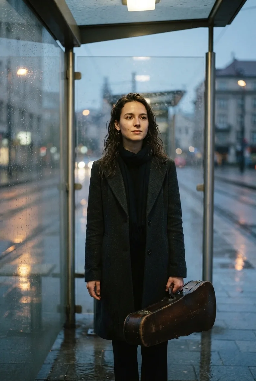 Cinematic portrait of a violinist in a charcoal coat holding a violin case beneath a rain-soaked tram shelter at dusk.