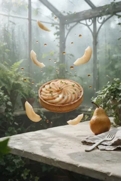 Surreal pear tart floating above a stone table in a misty glass conservatory with suspended pear slices and amber syrup droplets.