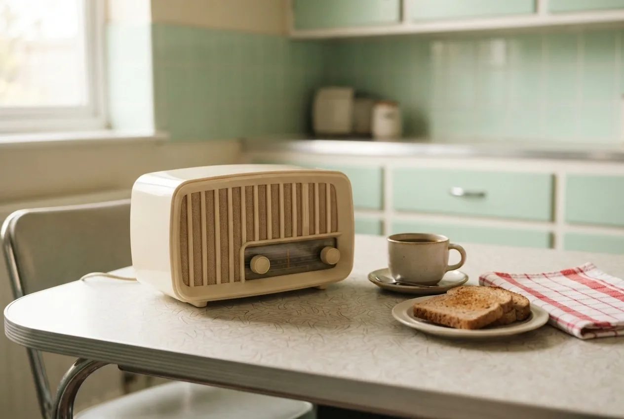 Cream retro tabletop radio beside coffee and toast on a patterned Formica breakfast table in a mid-century kitchen studio scene.