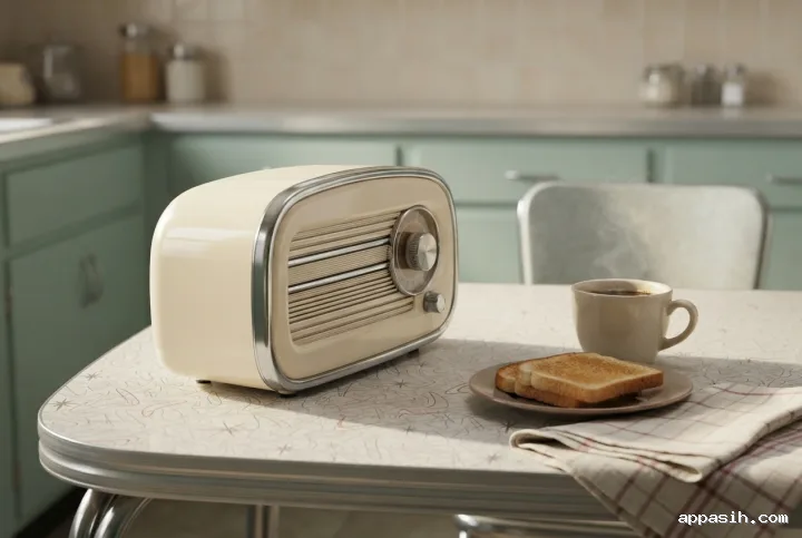 Cream retro tabletop radio with steaming coffee and toast on a Formica breakfast table in a softly lit mid-century kitchen.