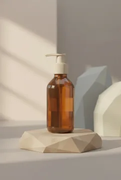 Low poly 3D amber skincare bottle with cream pump standing on a faceted stone pedestal in a warm minimalist product studio.