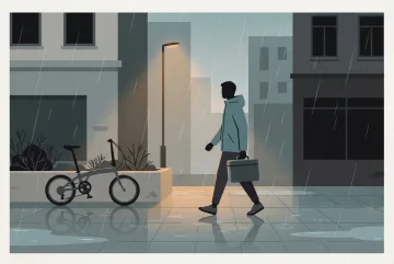 Minimalist graphic courier character carrying a delivery case in a rainy pedestrian district beside a folded bicycle and reflective puddles.